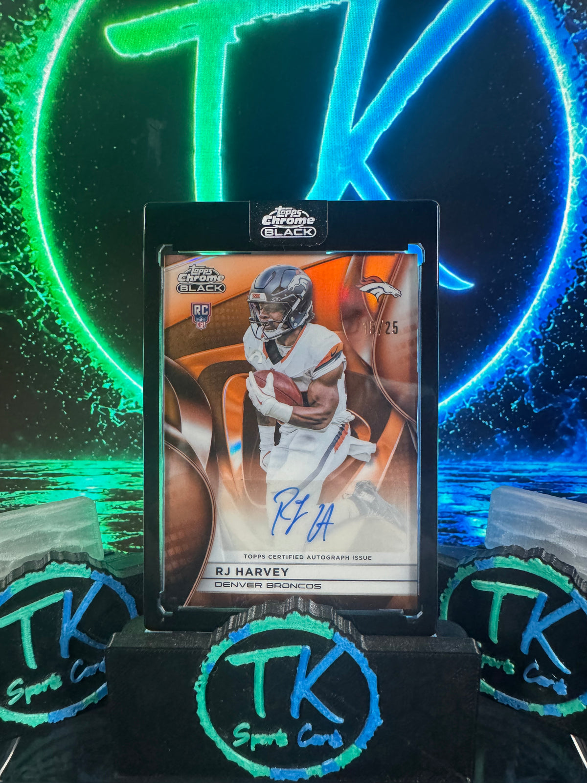 2025 Topps Chrome Black RJ Harvey Rookie Auto Orange /25 – Broncos RC