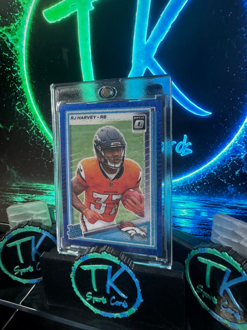 2025 Donruss Optic RJ Harvey Rated Rookie Blue Glitter SP #208 – Broncos