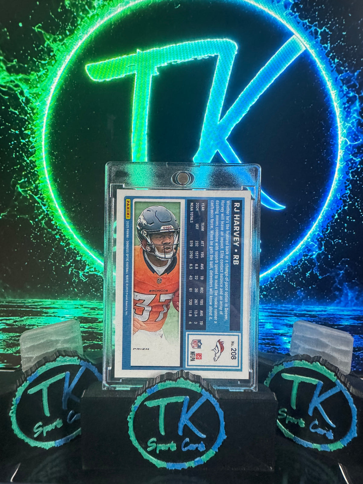 2025 Donruss Optic RJ Harvey Rated Rookie Blue Glitter SP #208 – Broncos